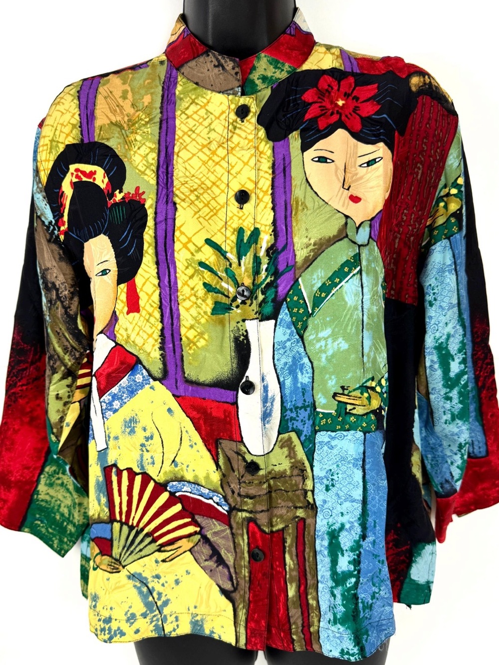 Vintage Chico's Design Asian Japanese Colorful 100% Silk Top Kimono, size 0